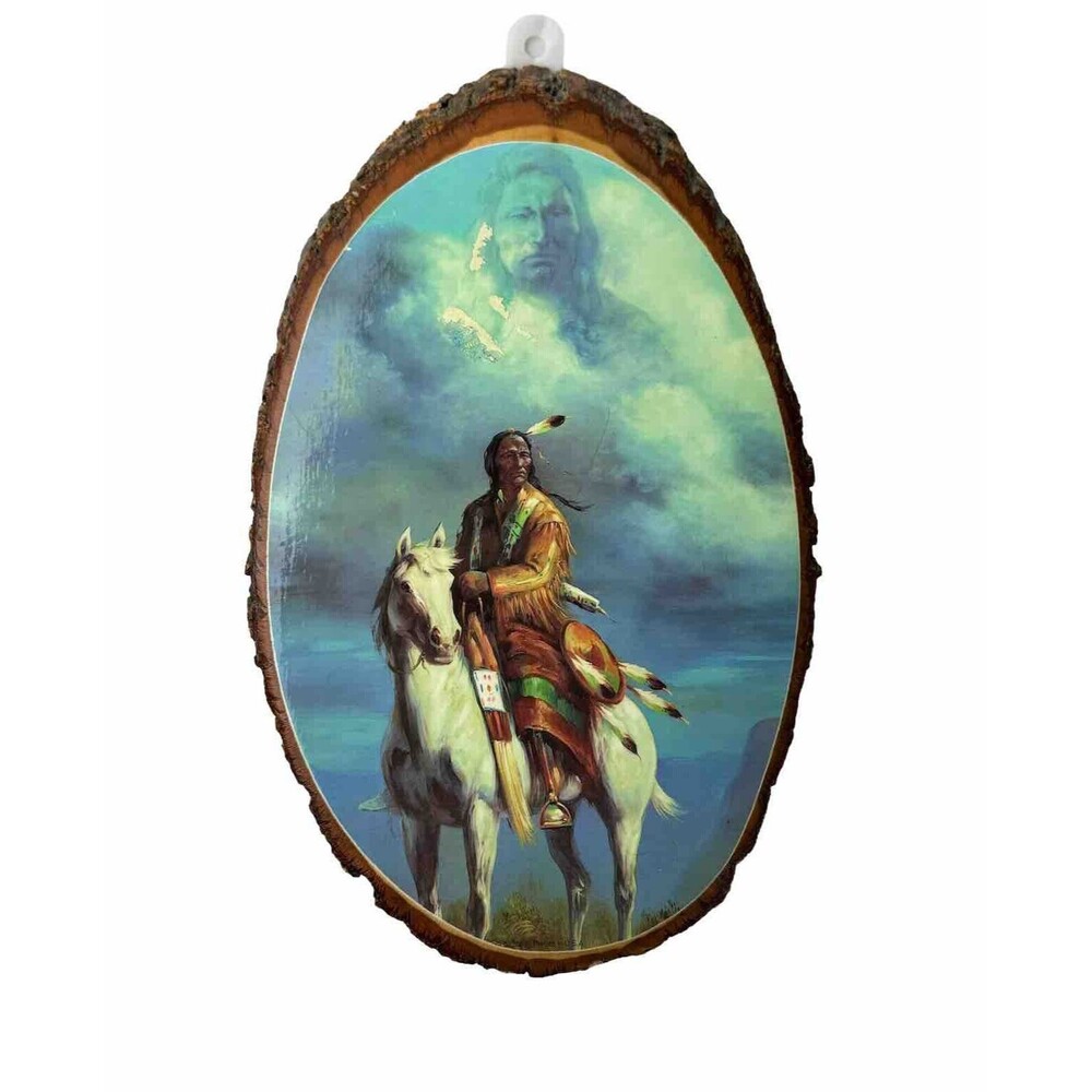 Vintage Native American Indian Wood Slice Plaque Wall Hanging Portrait 7"X12"